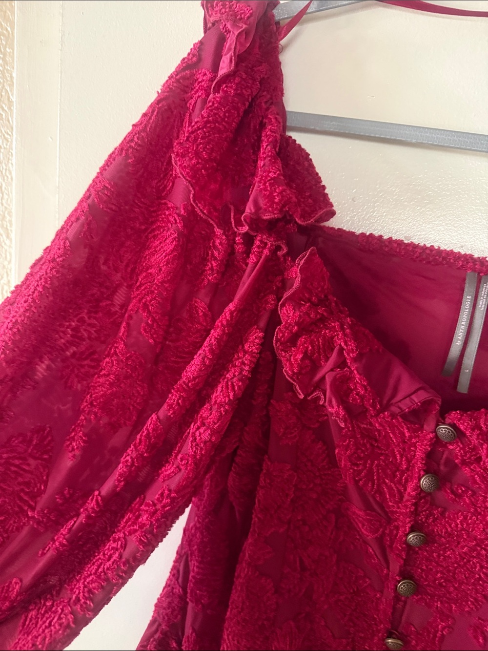 Anthropologie Deep Raspberry Ruffled Button-Front Blouse - Picture 5 of 6